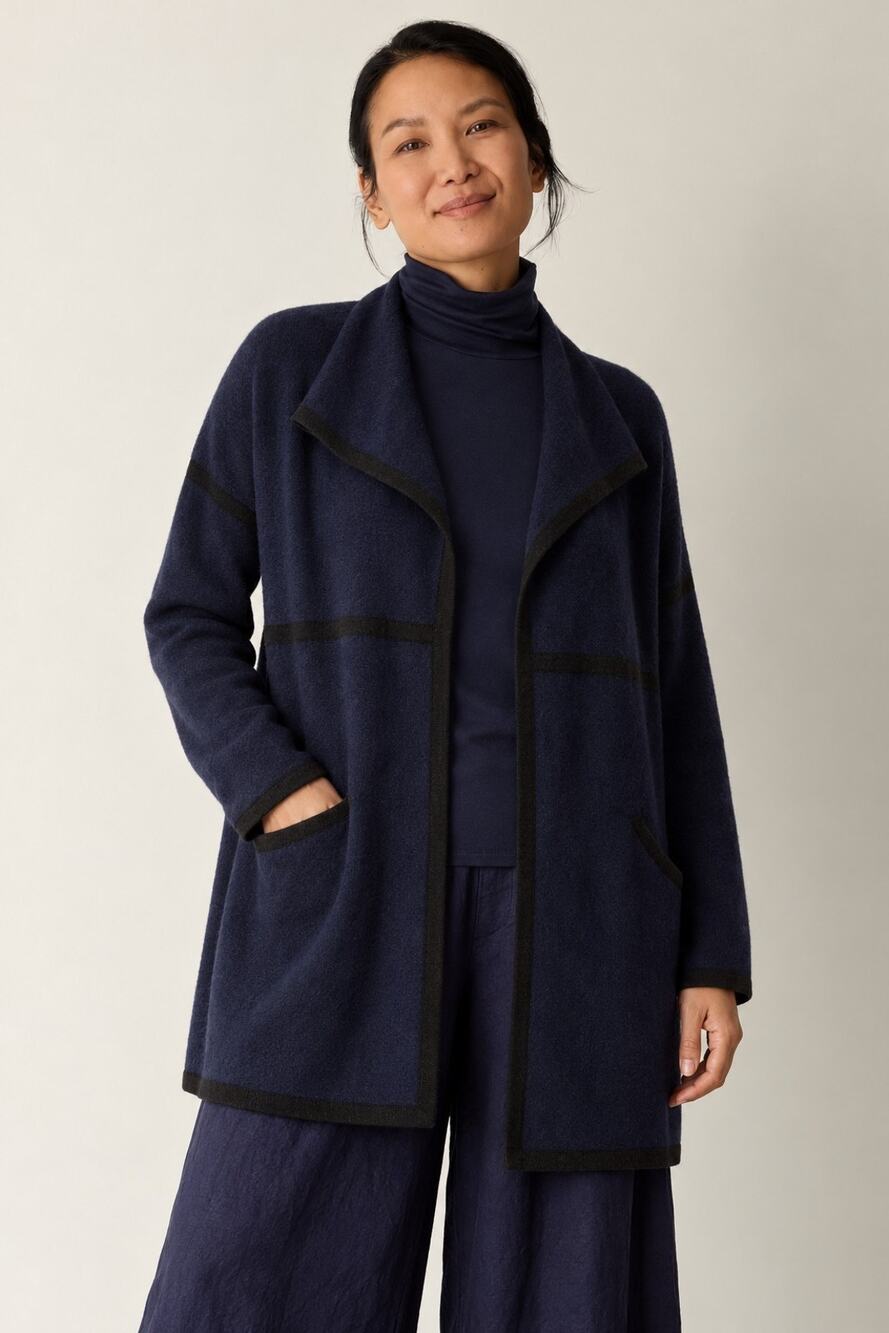 Eileen Fisher 100% Cashmere Cardigan S Navy Blue Black Trim Open Front Longline
